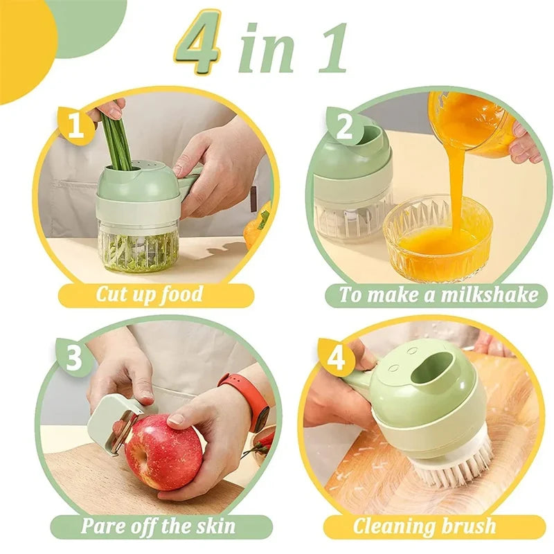 Cordless 4-in-1 Electric Vegetable Meat Garlic Onion Pepper Chopper Rechargeable Food Processor Kitchen Appliance