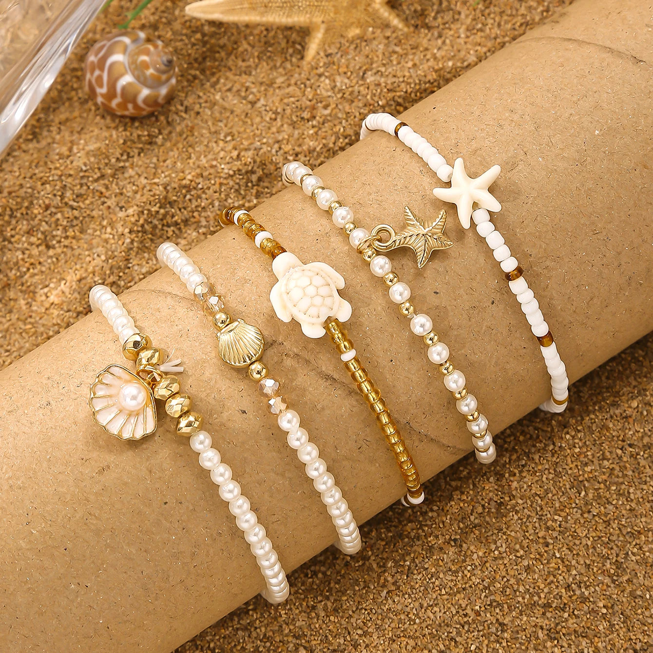 Elegant Multi-layer Imitation Pearl Bracelet Starfish Shell Turtle Pendant Bracelet Women's Summer Party Dating Jewelry
