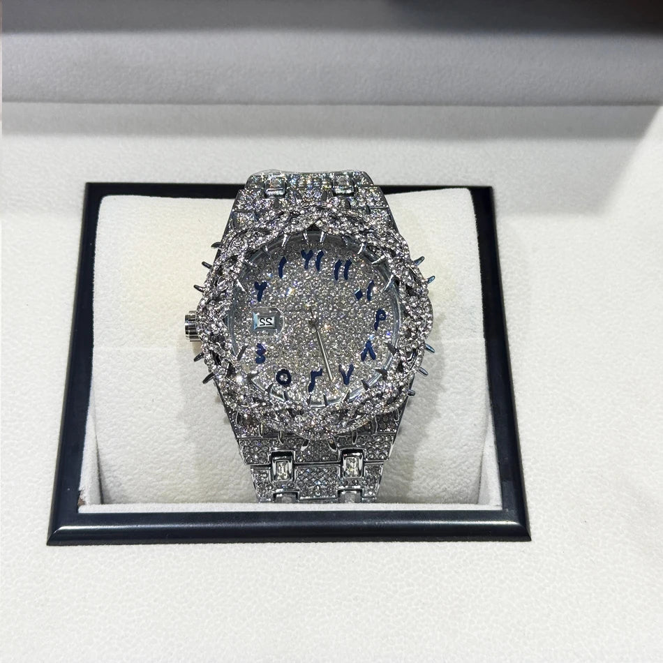 PINTIME Cool Black Watch For Men Luxury Thorn Crown Quartz Watches Fashion Hip Hop Iced Diamond Wristwatch Man Dropshipping