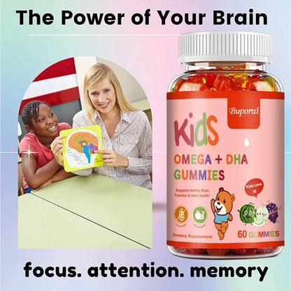 Kids Omega+DHA Gummies with Vitamin D3 -  High IQ Brain Enhancer, Improve Memory and Concentration