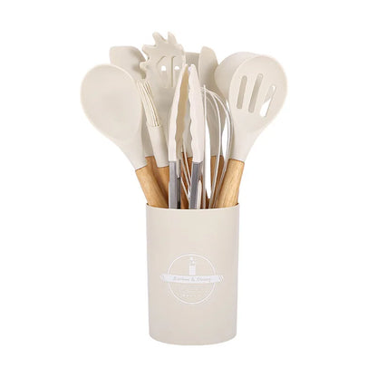 12PCS Silicone Kitchen Utensils Set Non Stick Cooking Tools Wooden Handle Spatula Turner Egg Whisk Baking BBQ Heat Resistant