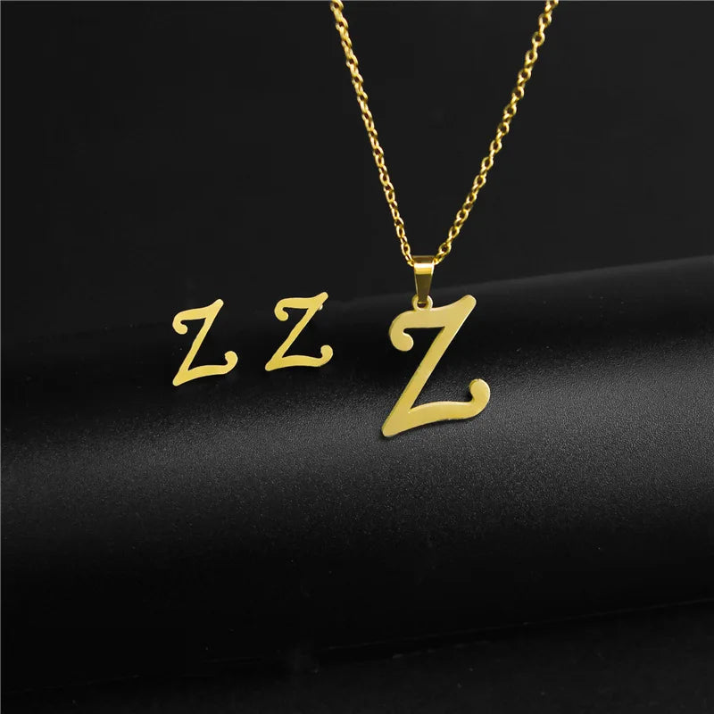 A-Z 26 Stainless Steel Initial Necklace and Earring Jewelry Set Letter Pendant Chain Alphabet Mom Christmas Gift