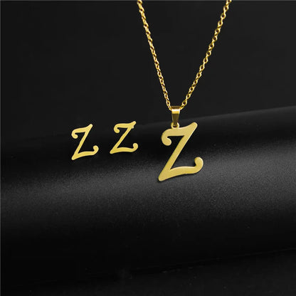 A-Z 26 Stainless Steel Initial Necklace and Earring Jewelry Set Letter Pendant Chain Alphabet Mom Christmas Gift