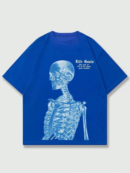 Blue Skeleton Man Life Goals Letter Printing Women T-Shirts Summer O-Neck Cotton Tops Street Fashion Tees Loose Soft Clothes