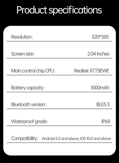 2025 new smart watch 1000MAH 2.04 inch ultra HD screen all day health heart rate detection 70+ sports IP68 waterproof BT call