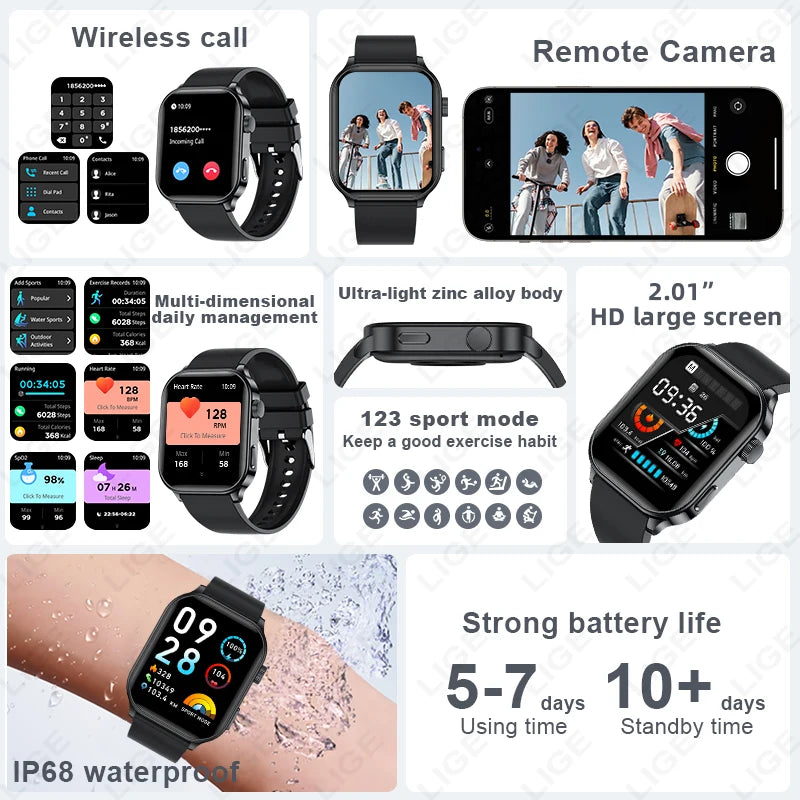 LIGE NEW Smart Watch Daily Monitoring Voice Assistant Wireless Call Notification Music Control Men Women Waterproof Smartwatch