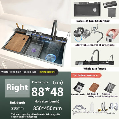 Stainless Steel Waterfall Kitchen Sink New Embossed Extra Large Single Slot Modern Digital Display Multifunctional Kitchen Sinks