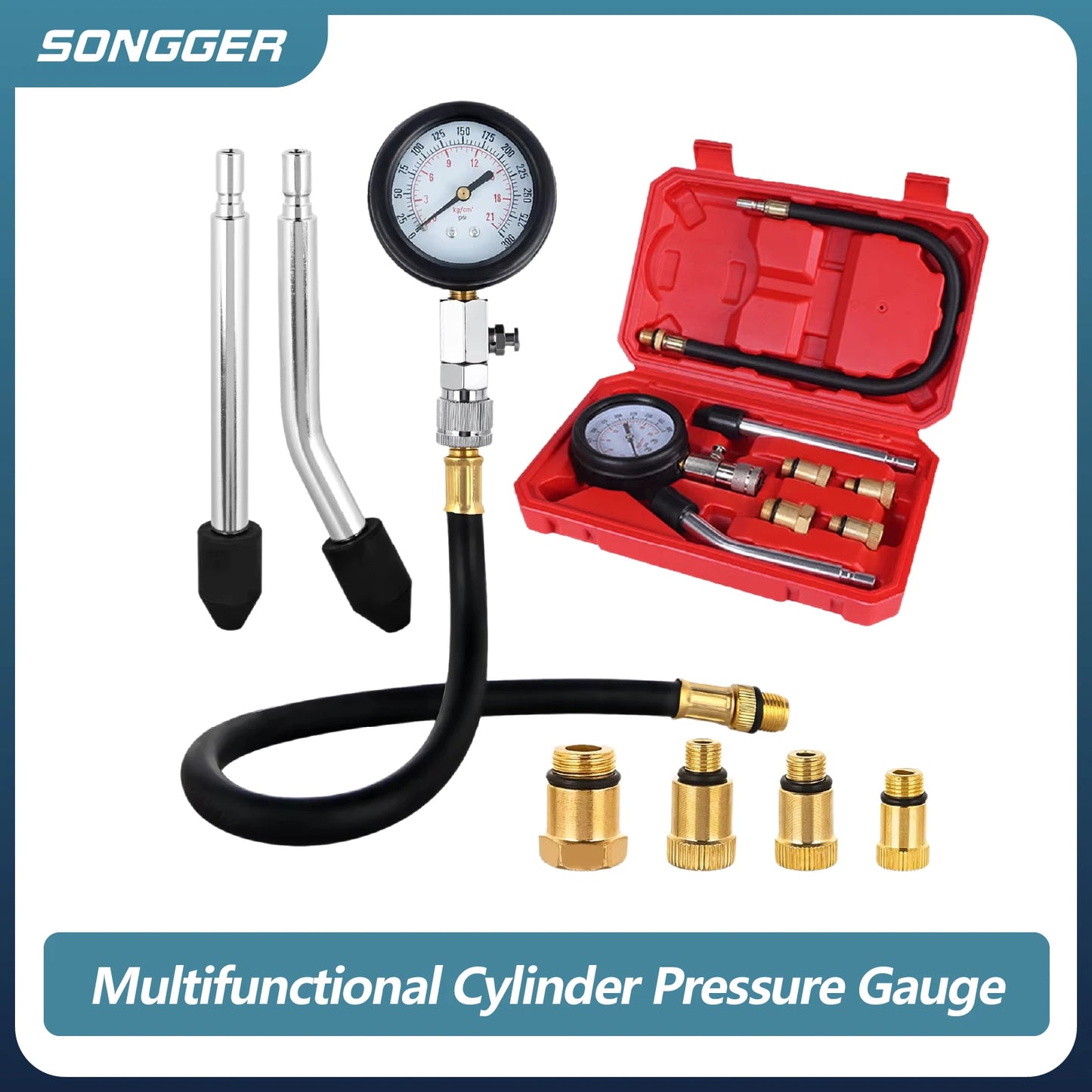 Cylinder Compression Tester Kit 0-300 PSI Dual Scale Quick Coupler Brass Fittings Gauge Engine Diagnostic Tool Car Motorcycle