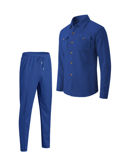 New Men's Four Seasons Outdoor Trendy Casual Waffle Solid Color workwear Button Pocket Coat Collar Top Pants Two Piece Set