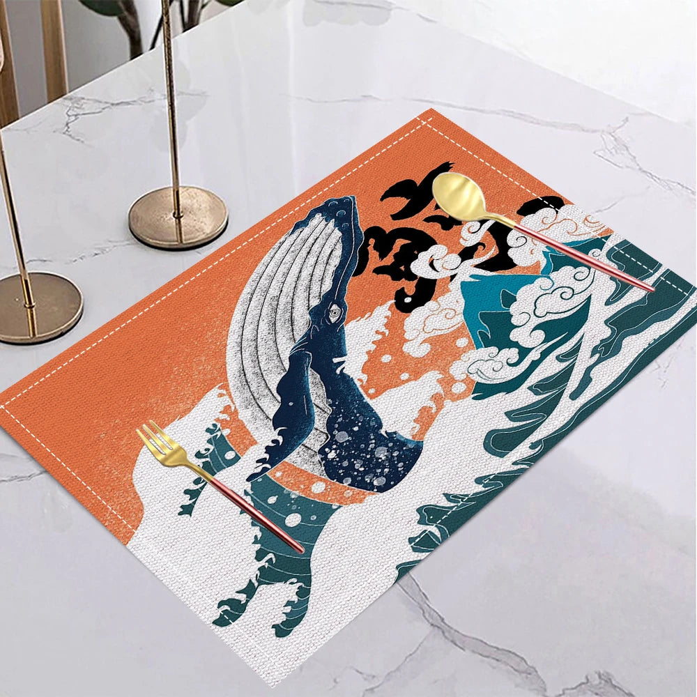 Japanese Ukiyo-e Style Linen Placemat Non Slip Table Mats Rectangular Non Slip Dining Table for Kitchen Home Decor Essentials