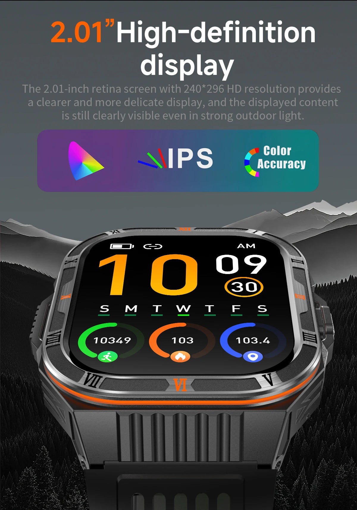 New Smart Watch Men 2.01"HD Screen 3ATM Waterproof Flashlight Health Monitor 1100mAh Battery Sport Bluetooth Call Smartwatch