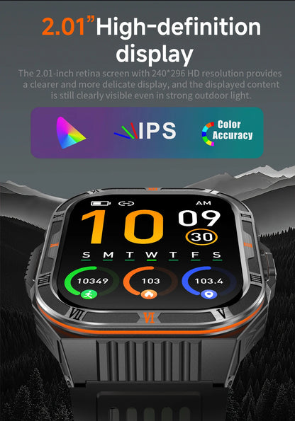 New Smart Watch Men 2.01"HD Screen 3ATM Waterproof Flashlight Health Monitor 1100mAh Battery Sport Bluetooth Call Smartwatch