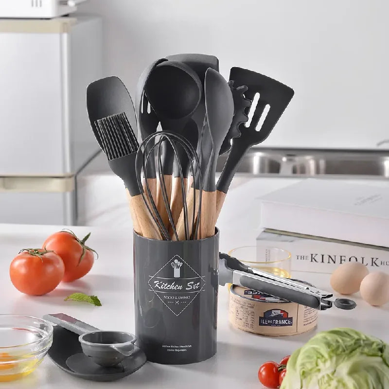 12Pcs Silicone Utensils Set Non-Stick Cookware Spatula Shovel Egg Beaters Wooden Handle Kitchenware Home Kitchen Cooking Tools