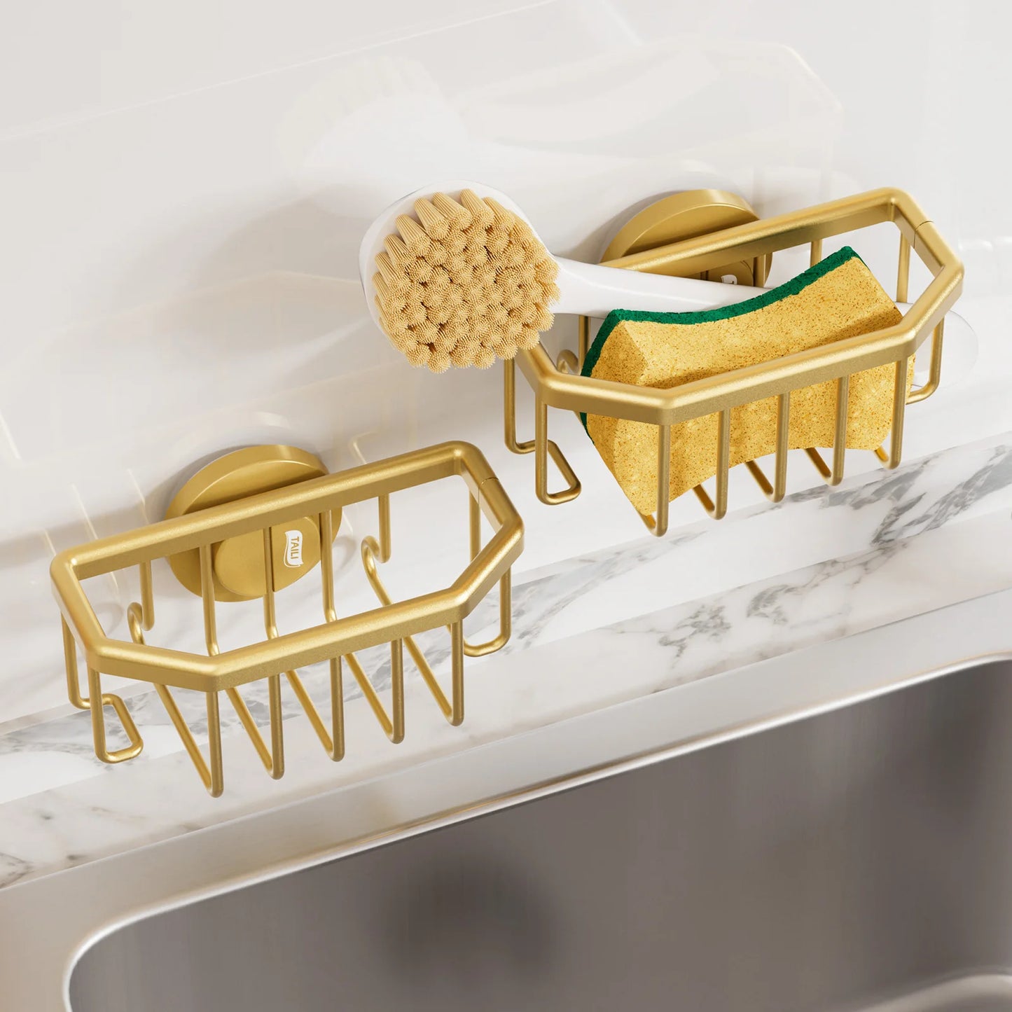 TAILI Gold Sponge Holder for Kitchen Sink with Strong Suction Cup Removable, Rustproof Aluminum Sink Caddy for Sponge, Brush