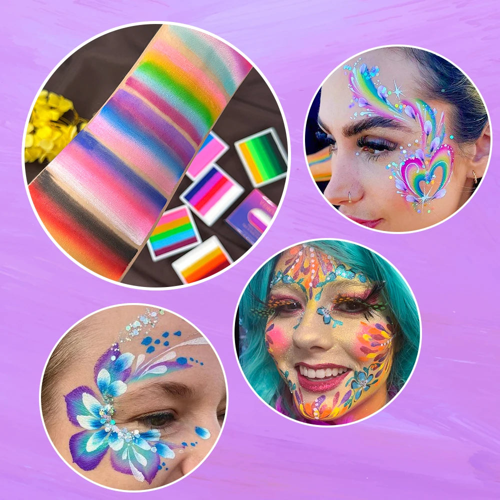 UV Glow-in-the-Dark Rainbow Water Activated Face Body Paint Fluorescent Neon for Masquerade Halloween Christmas Music Festival