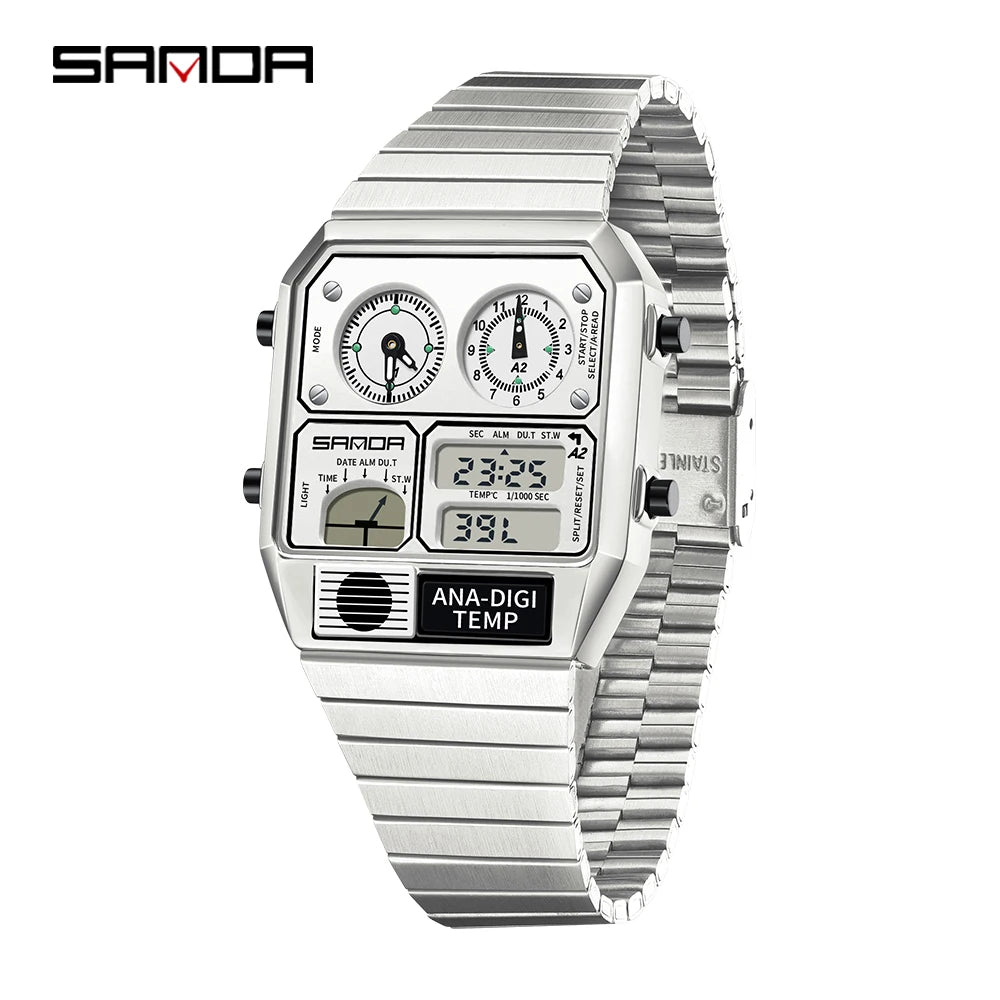 SANDA New 3192 Men's Square Men's Electronic Watch Waterproof LED Thermometer Stopwatch For Men's Electronic Watch