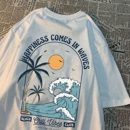 Happiness Comes In Waves Printing Men Women Clothes Fashion Loose Tops Creativity Casual T Shirt Pattern Loose Tshirts Couple