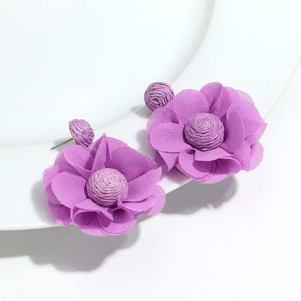 Summer Colorful Lafite Chiffon Flower Earrings for Women Boho Handwoven 3D Flower Fabric Drop Earring Beach Party Jewelry Gifts