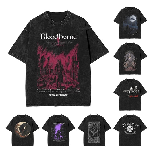 Bloodborne Darks Souls Washed T Shirts Streetwear Hip Hop Vintage T-Shirt  Tees Tops for Men Women Cotton Street Graphic Printed
