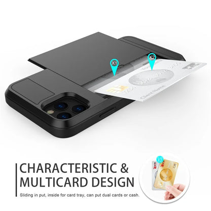 Slide Wallet Credit Card Slot PC Phone Case For iPhone 13 12 Mini 11 14 15 Pro Max XS XR 7 8 Plus SE TPU Armor Shockproof Cover
