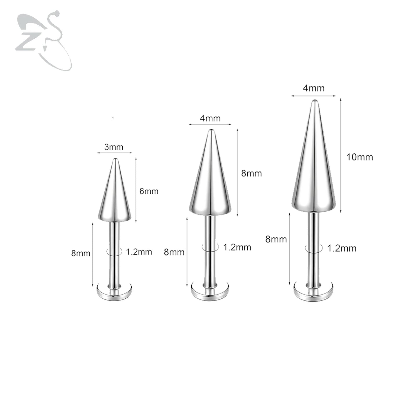 ZS 3pcs/lot 16g Cone Spike Labret Stud Surgical Steel Cartilage Earrings Black Color Barbell Piercing Tragus Helix Rook Jewerly