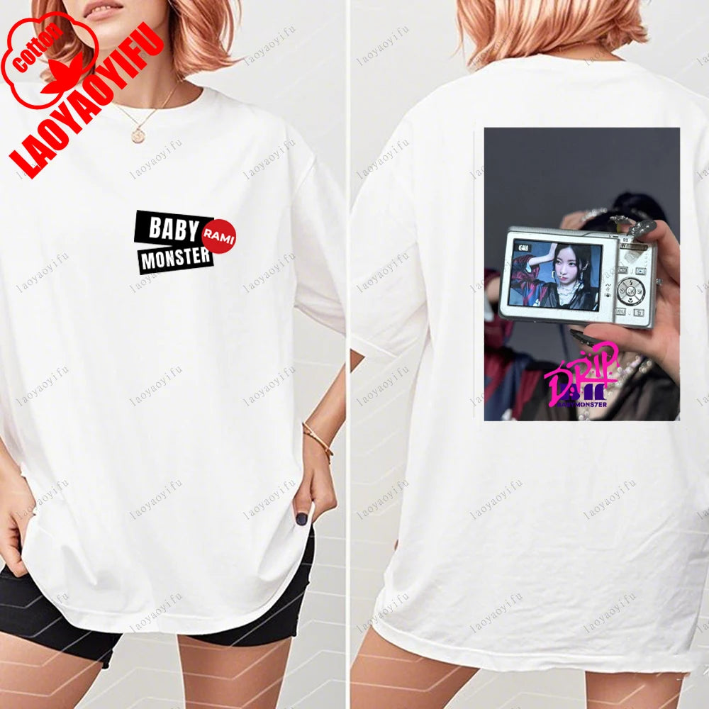 BABYMONSTER Kpop Band T-shirt Korean Fashion Summer Double Sided Tee Short Sleeve Cotton Comfortable Tshirts Women/Men Clothes