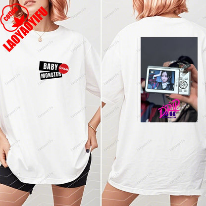 BABYMONSTER Kpop Band T-shirt Korean Fashion Summer Double Sided Tee Short Sleeve Cotton Comfortable Tshirts Women/Men Clothes