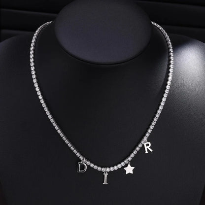 Women's Fashion Letter Star Pendant Necklace with Full Zircon Inlay Simple Chain Luxury Jewelry Accessory Gift