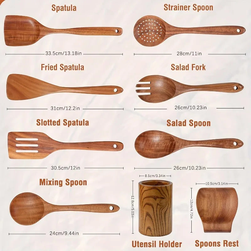 9pcs Premium Wooden Cooking Utensils Set Heat Resistant Non stick Pan Kitchen Cooking Tools Shovel Spoon Salad Spoon Fork