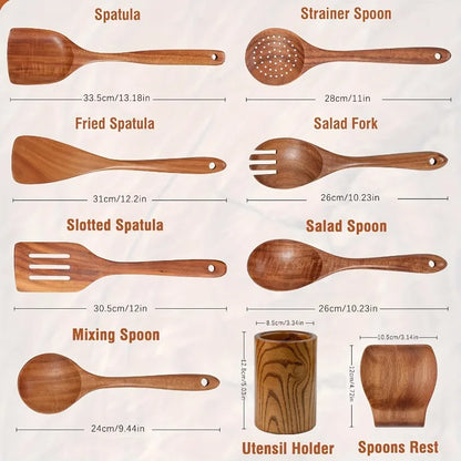 9pcs Premium Wooden Cooking Utensils Set Heat Resistant Non stick Pan Kitchen Cooking Tools Shovel Spoon Salad Spoon Fork