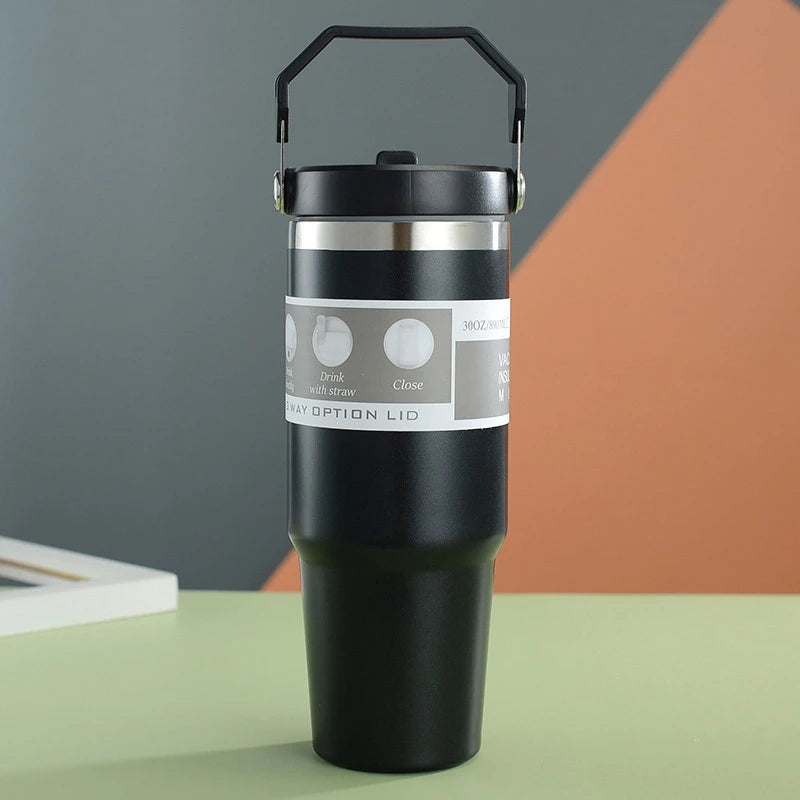 30oz Large Capacity Portable Car Cup Stainless Steel Thermos Cup with Straw & Handle Travel Sports Water Bottle Vacuum Flask