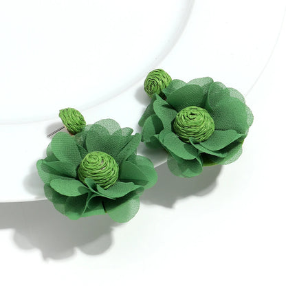 Summer Colorful Lafite Chiffon Flower Earrings for Women Boho Handwoven 3D Flower Fabric Drop Earring Beach Party Jewelry Gifts