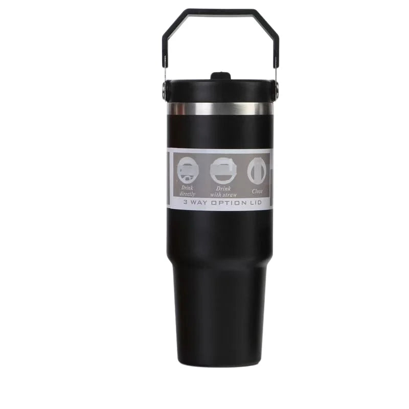 30oz Large Capacity Portable Car Cup Stainless Steel Thermos Cup with Straw & Handle Travel Sports Water Bottle Vacuum Flask