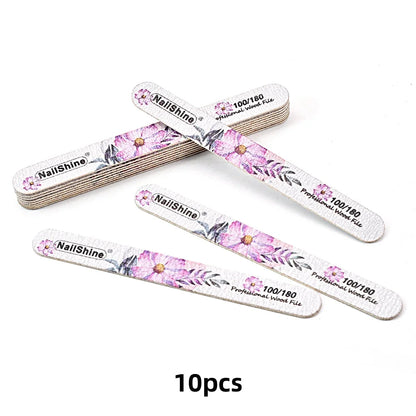 10pcs Set Wood Nail Buffer Reusable 100/180 Grit Smooth Straight Nail Files Floral Design Beautiful Nail Care Equipment