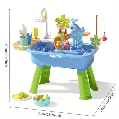 Kids Play Sink with Running Water & Electric Faucet,Water table with Pump,Tableware & Fishing Game,Toy Kitchen Sets for Kids