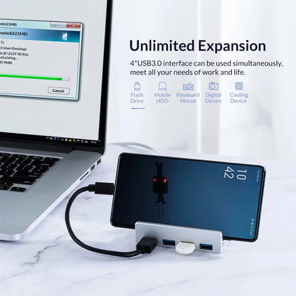 USB 3.0 HUB 6-in-1 Clip Style Docking Station 5Gbps Transmission Speed Splitter Extension Adapter Computer Accessory for Laptop