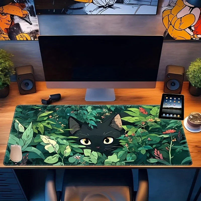 Black Cat Mouse Pad in The Grass,anti-slip Rubber Game Pad,durable Table Pad, Stitched Edges,suitable for Home Office and Gaming