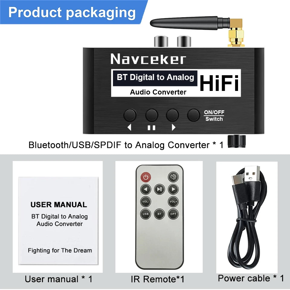 Navceker DAC Digital to Analog Audio Converter With Bluetooth Receiver Optical Toslink USB Disk to RCA 3.5mm Jack Stereo Adapter