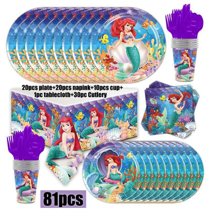 The Little Mermaid Birthday Party Decoration Princess Ariel Paper Napkin Plate Cup Tablecloth Balloons Kids Baby Shower Supplies