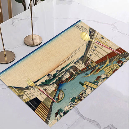 Japanese Ukiyo-e Style Linen Placemat Non Slip Table Mats Rectangular Non Slip Dining Table for Kitchen Home Decor Essentials