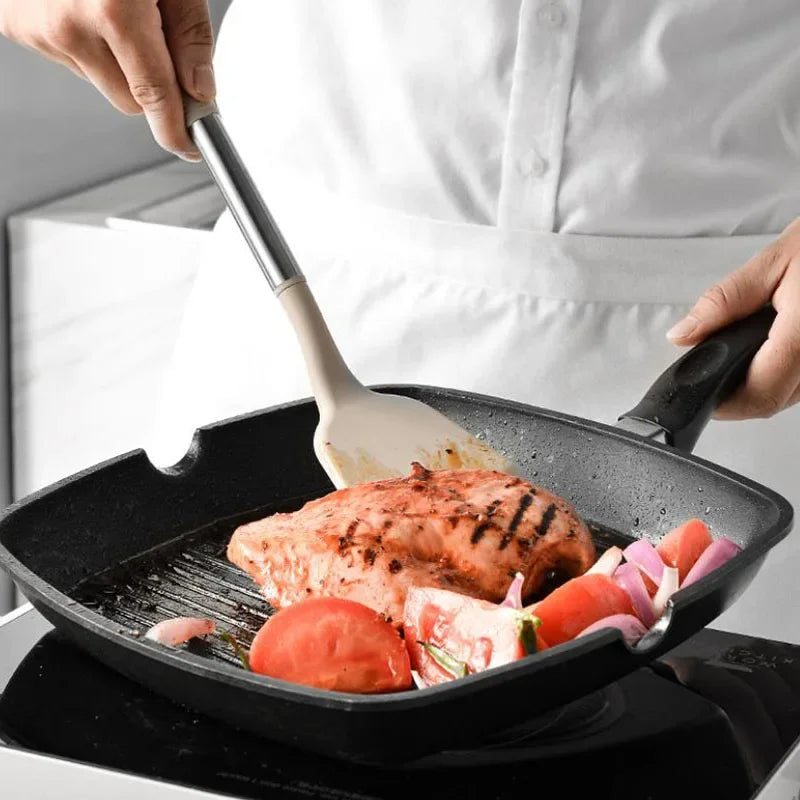 12Pcs Silicone Kitchenware Set Non Stick Stainless Steel Spatula Soup Spoon Kitchen Utensils Rotating Storage Bucket Eggbeater