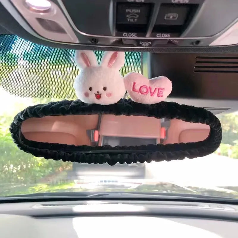 Cute Cat Rabbit Car Cartoon Seat Belt New Rearview Mirror Figure South Korea Car Mirror Hanging Accessories Pink Interior Woman