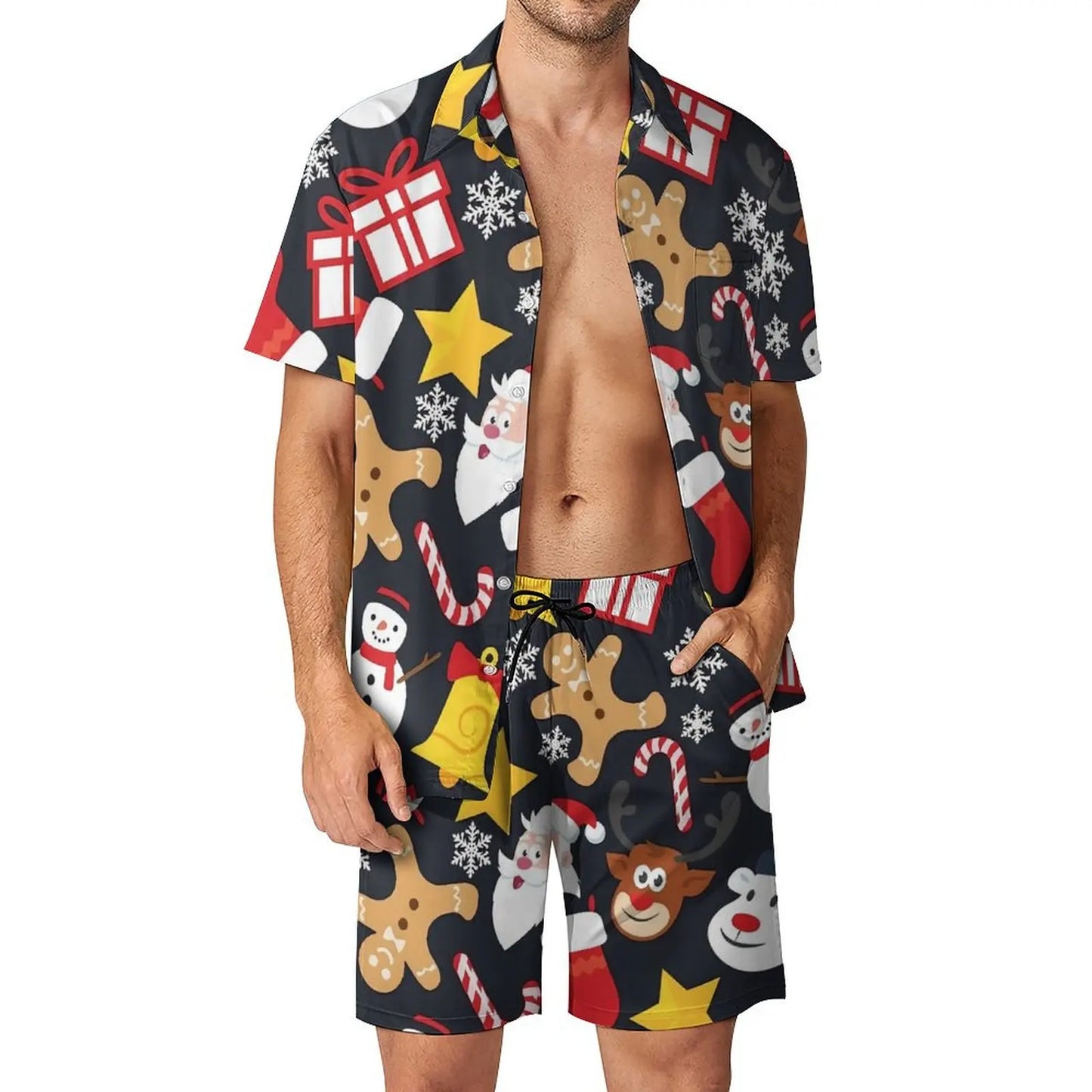 2025 Christmas Men Sets Animal Print Casual Shorts Summer Novelty Beach Shirt Set Short-Sleeved Big Size Suit Christmas Gift