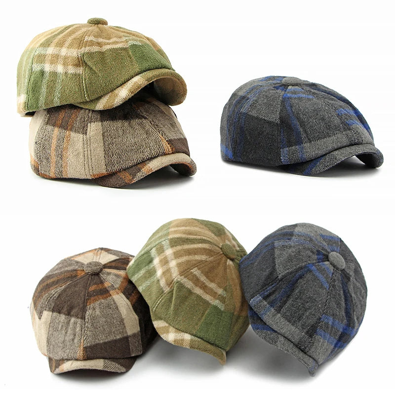 British Tweed Flat Cap for Men Retro Herringbone Newsboy Cap Octagonal Hat Women Autumn Winter Detective Cabbie Beret Hat Autumn