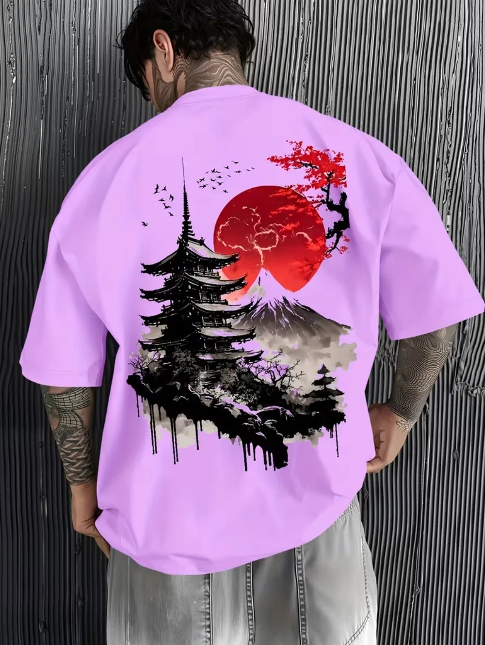 Men's T-Shirts Fuji Mountain Cherry Blossom Print Summer Autumn Harajuku Daily Sports Comfortable Casual Loose Short-Sleeve Top