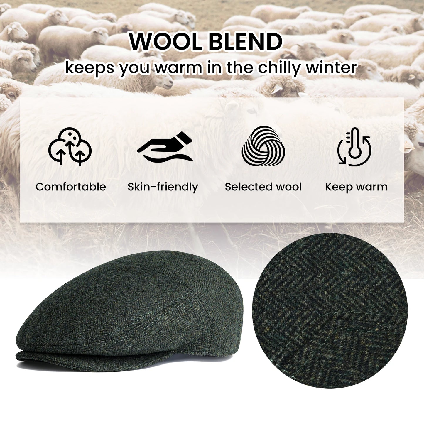 JANGOUL XL/XXL Wool Tweed Newsboy Flat Cap for Men Winter Fashion Ivy Cap Gatsby Golf Hat Satin Lined