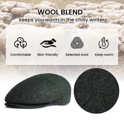 JANGOUL XL/XXL Wool Tweed Newsboy Flat Cap for Men Winter Fashion Ivy Cap Gatsby Golf Hat Satin Lined