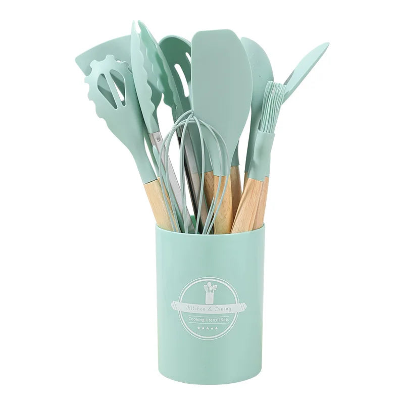 12PCS Silicone Kitchen Utensils Set Non Stick Cooking Tools Wooden Handle Spatula Turner Egg Whisk Baking BBQ Heat Resistant