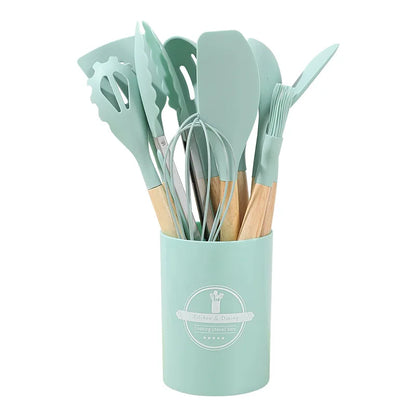 12PCS Silicone Kitchen Utensils Set Non Stick Cooking Tools Wooden Handle Spatula Turner Egg Whisk Baking BBQ Heat Resistant