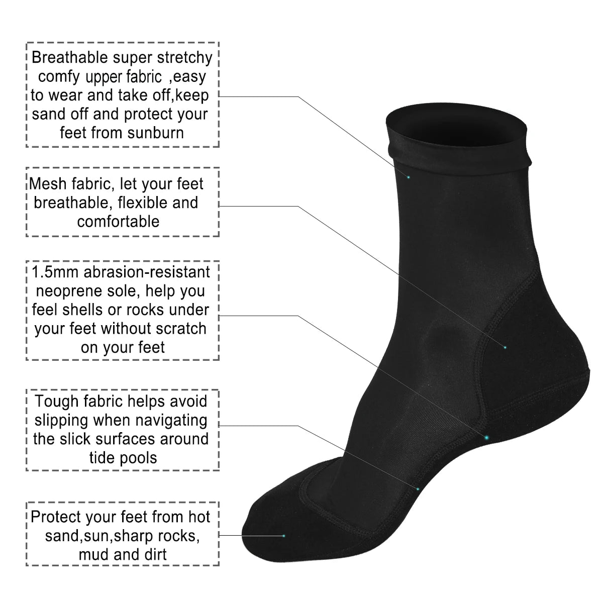 Neoprene Fin Socks for Sand Beach Volleyball Soccer Thin Polyester Uppers 1.5mm Neoprene Soles Sun Protection Water Shoes